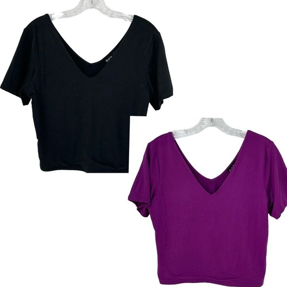 Set of Brit & Bri Women Size L One Black & One Pink Neck Crop Top Short Sleeves - Picture 1 of 14